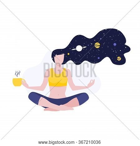 Vector Illustration Of Meditating Girl Or Woman Doing Yoga Class With Long Hairs And Cosmos And Plan