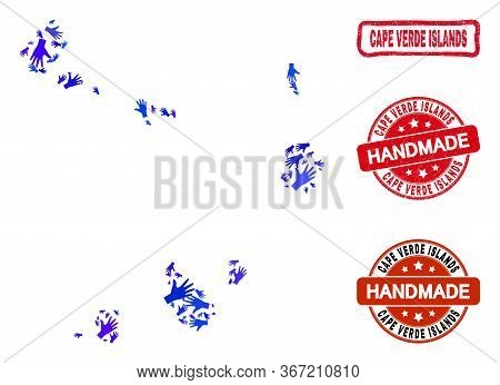 Vector Handmade Composition Of Cape Verde Islands Map And Dirty Seals. Mosaic Cape Verde Islands Map