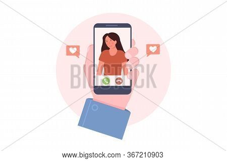 Phone Call To Girlfriend. A Mobile Holding Hand With Girl On Screen.