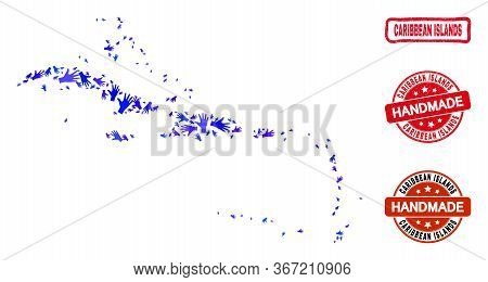 Vector Handmade Composition Of Caribbean Islands Map And Unclean Stamp Seals. Mosaic Caribbean Islan