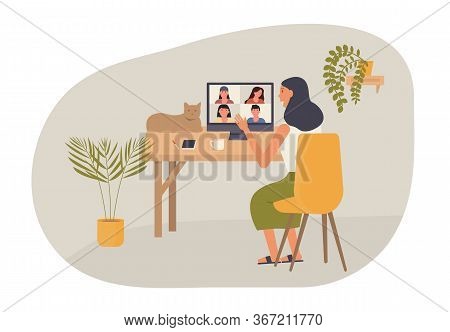 Concept Of Video Call Conference. A Woman Chatting With Her Friends Or Colleague At Home At Her Desk