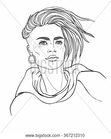 Portrait Of A Young Pretty Caucasian Woman With Short Pixie Cut. Vector Illustration Isolated. Hand 