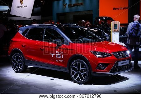 Frankfurt Am Main, Germany - September 18, 2019: Bright Red Crossover Seat Arona Fr Tgi Presented At