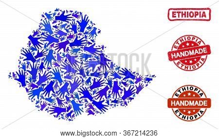 Vector Handmade Composition Of Ethiopia Map And Dirty Watermarks. Mosaic Ethiopia Map Is Done Of Ran