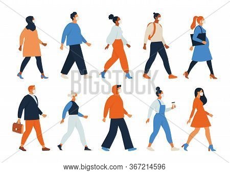 Crowd Of People Wearing Face Masks. Men, Women, Teens Use Virus Preventive Measures. Infected Person