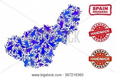 Vector Handmade Composition Of Granada Province Map And Rubber Stamp Seals. Mosaic Granada Province 