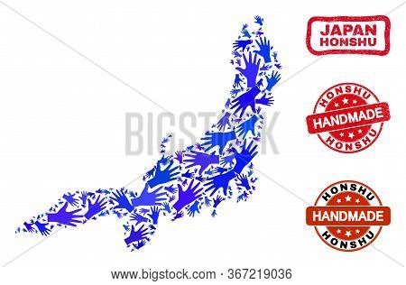 Vector Handmade Combination Of Honshu Island Map And Grunge Stamp Seals. Mosaic Honshu Island Map Is