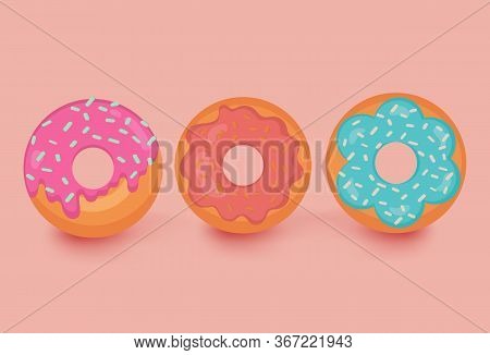 Set Of 3 Color Donuts In Modern Flat Style. Donut Set Isolated On Light Orange Background. Break Tim