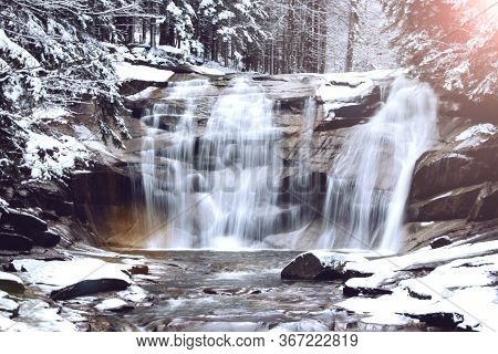 Mumlavsky Waterfall In The Czech Republic In Winter.