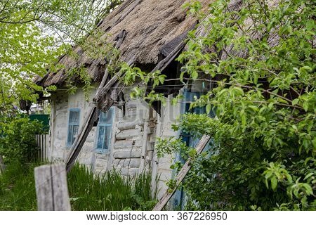 Old Vintage Rural House In Ukrainian Countryside Style. House With A Cattail Roof. The Roof Of The R