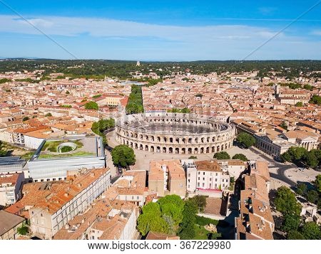 Nimes Arena Aerial Panoramic View. Nimes Is A City In The Occitanie Region Of Southern France