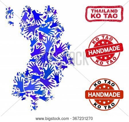 Vector Handmade Collage Of Ko Tao Map And Scratched Watermarks. Mosaic Ko Tao Map Is Organized With 