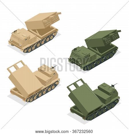 Isometric Multiple Rocket Launcher Icons Set Isolated On White. Multiple Launch Rocket System Is An 