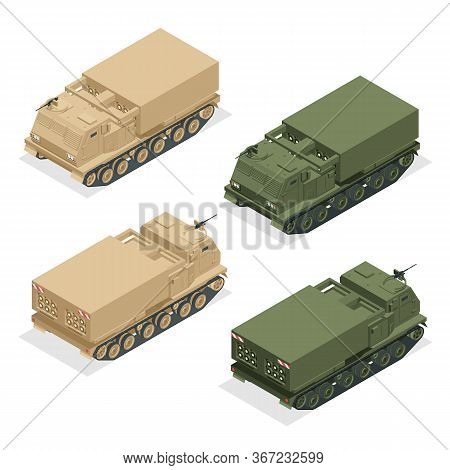 Isometric Multiple Rocket Launcher Icons Set Isolated On White. Multiple Launch Rocket System Is An 