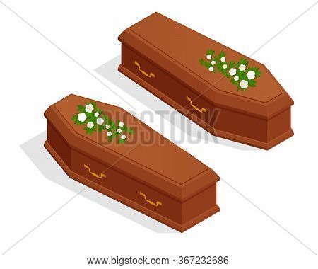 Isometric Broun Closed Classical Expensive Coffin Isolated On White. Coffin Halloween Vampire