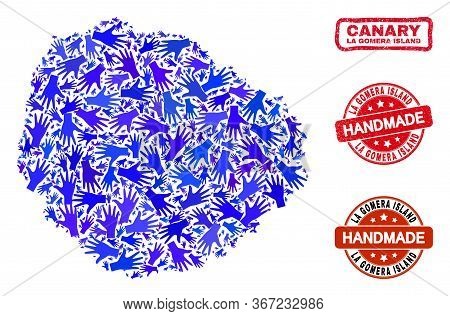 Vector Handmade Composition Of La Gomera Island Map And Dirty Watermarks. Mosaic La Gomera Island Ma