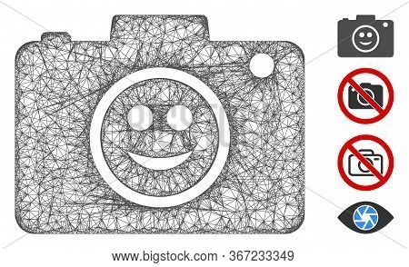 Mesh Smile Photo Camera Web Icon Vector Illustration. Model Is Created From Smile Photo Camera Flat 