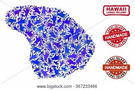 Vector Handmade Collage Of Lanai Island Map And Corroded Watermarks. Mosaic Lanai Island Map Is Desi
