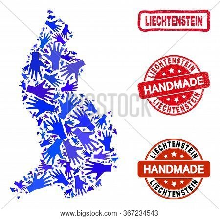Vector Handmade Collage Of Liechtenstein Map And Scratched Stamp Seals. Mosaic Liechtenstein Map Is 