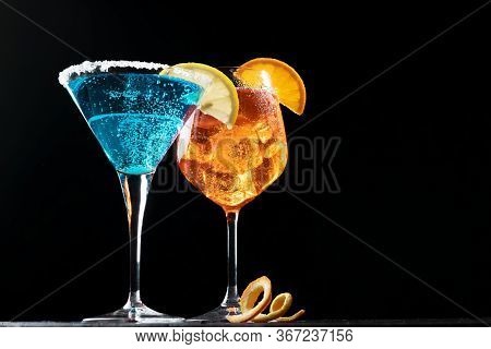 Refreshing Summer Drink Blue Lagoon Cocktail And Aperol Spritz