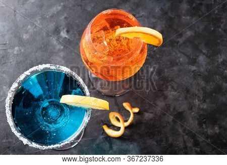 Refreshing Summer Drink Blue Lagoon Cocktail And Aperol Spritz