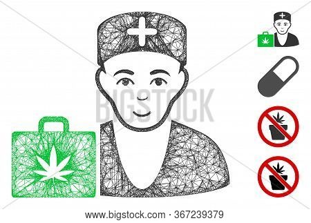 Mesh First-aid Cannabis Doctor Web Icon Vector Illustration. Carcass Model Is Based On First-aid Can