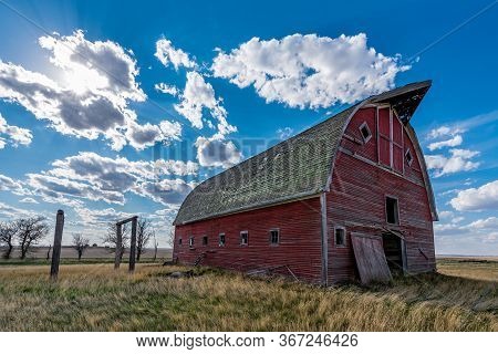 Vintage Red Barn On The Prairies Near Lacadena, Saskatchewan