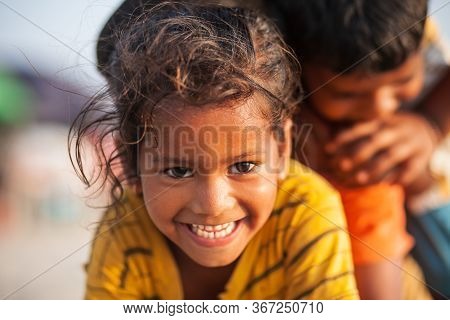 Goa, India - November 08, 2011: Unidentified Indian Children Playing At The Beach In Goa In India