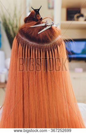 Hair Salon, Beauty Spa. Procedure Of Hair Extensions.