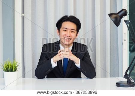 Work From Home, Close Up Face Of Asian Young Businessman Video Conference Call Or Facetime He Lookin