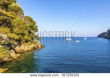 Beautiful Natural View Of The Bay Of Paraggi In Santa Margherita Ligure, Italy. Mediterranean Seacoa