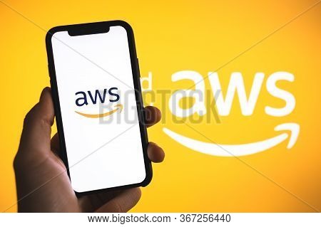 Amazon Web Services Logo On The Smartphone Screen. Copy Space.