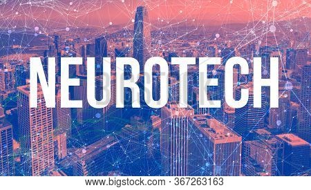 Neurotech Theme With Abstract Network Patterns And Downtown San Francisco Skyscrapers