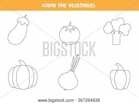Color Cartoon Vector Vegetables. Coloring Page Of Eggplant, Tomato, Broccoli, Pumpkin, Onion, Bulgar
