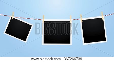 Pictures Framed On A Rope. Vector Image Of Clothespins Photos. Stock Template.