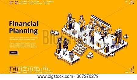 Financial Planning Isometric Landing Page. Marketing Strategy, Company Finance Analytic, Agency Work