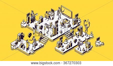Human And Ai Robots Office Workers. Robotic Employees Together With People In Futuristic Workplace. 