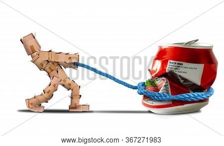Recycle Rubbish Concept With Cardboard Box Character Dragging A Crushed Soda Pop Can Or Tin. Composi