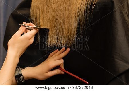 Young Customer With Long Demaged Hair In Hairdressing Salon. Hair Care Problems. Hairstylist Doing H