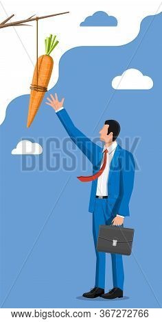 Carrot On A Stick And Businessman. Motivation, Stimulus, Incentive And Reaching Goal Concept Metapho