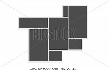 Montage Collage Photo Frame. Abstract Mosaic Frames For Wall Gallery Of Pictures Isolated On White B
