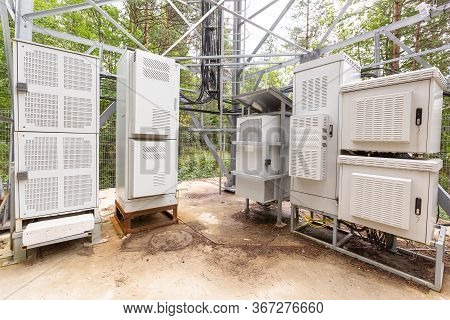 Climatic Vandal-proof Cabinets With Microwave Equipment And Power Cables, Coaxial Cables, Optic Fibe