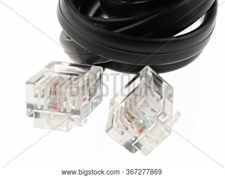 Black Telephone Cable With Rj11 Connectors On Both Ends, Isolated On White