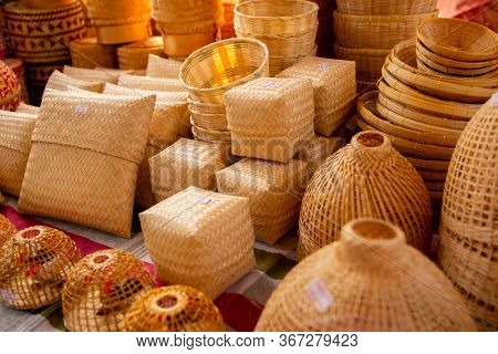 Bamboo Wickerware In Various Shape, Put On The Table For Sale In The Market.