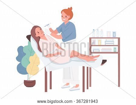 Mesotherapy Flat Color Vector Characters. Woman Getting Anti-aging Injection. Beautician Doing Facia
