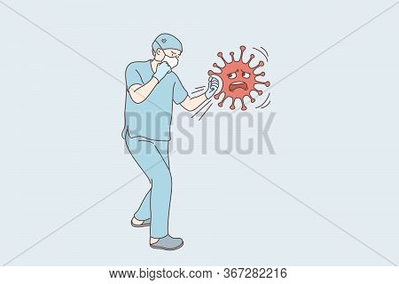 Coronavirus, Fighting, Infection, Protection Concept. Young Man Doctor Cartoon Character In Medical 