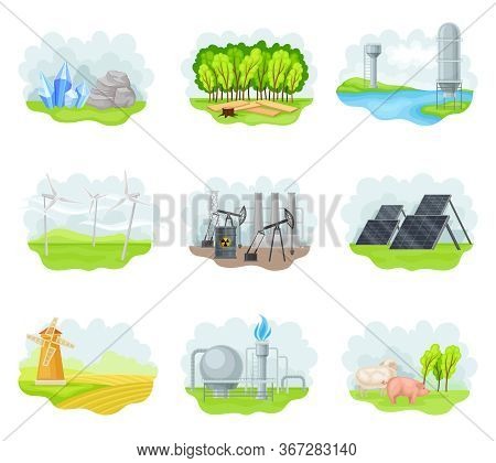 Natural Resources With Natural Gas Extraction Plant And Domestic Livestock Breeding Vector Set