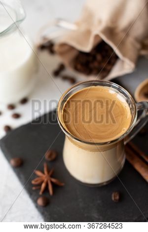 Dalgona Coffee. Iced Fluffy Creamy Whipped Trend Drink With Coffee Foam And Milk. Trendy Drink Durin
