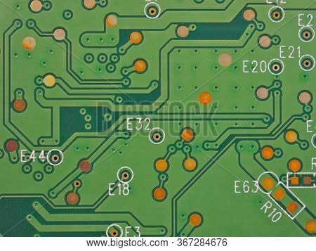 Green Printed Circuit Board Pcb Hard Drive. Fragment Of Printed Wiring Board Pwb Close Up. Conductiv