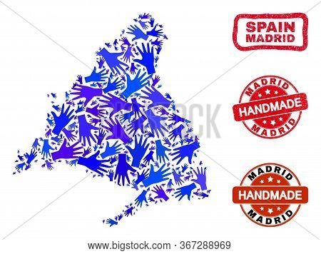 Vector Handmade Composition Of Madrid Province Map And Unclean Seals. Mosaic Madrid Province Map Is 